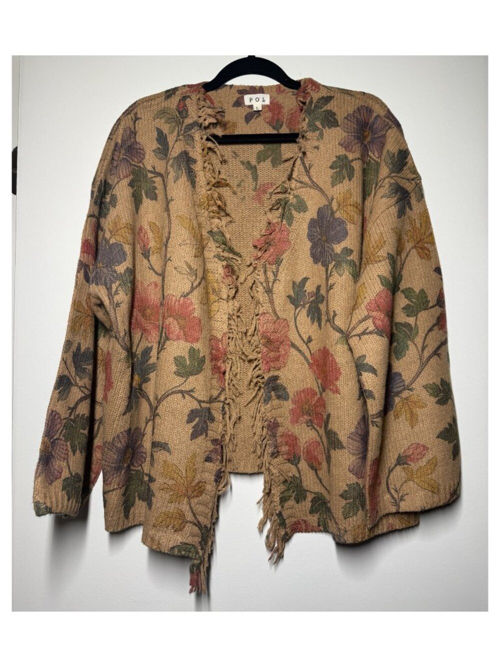 POL Floral Print Fringe Open Front Cardigan Vintage-Inspired Sweater Boho L NWOT